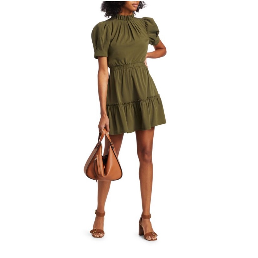 Alice + Olivia Vida Ruffle Mini Dress in Olive Army Green Size 2 $375